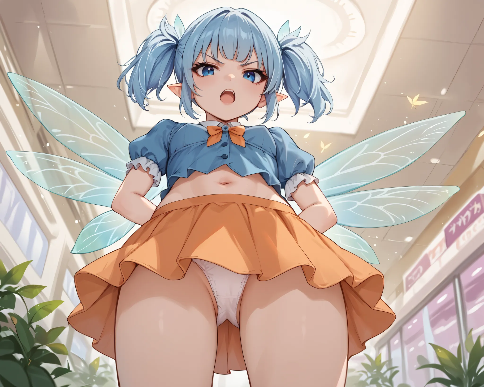 score_9_up, score_8_up, score_7_up, 1girl, solo, source_anime, fairy, FairyForm, Fairy Wings, Wings BREAK 

Short twintails, fairy wings, bangs, small breasts, light blue hair, blue eyes BREAK 

Light blue blouse, short sleeves, puffy sleeves, navel, orang...