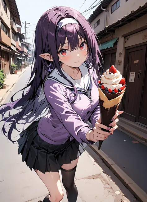  yuukiKonno, Konno Yuuki, hair band, long hair,  pointy ears , purple hair, red eyes,
white sailor suit ,purple cardigan,Black mini pleated skirt ,black thigh high socks, loafers,Walking,I'm holding a chocolate crepe with one hand,full bodyがイラストに入るように,
bre...