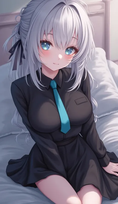 girl white messy medium hair , sparkly blue eyes , Wear a black tent suit , cyan necktie , black shirt in suit , black short skirt , high resolution , sleepy face , Feeling flustered , Tied up arms , Was pressed down on the bed , Crystal Feather Earpiece ,...