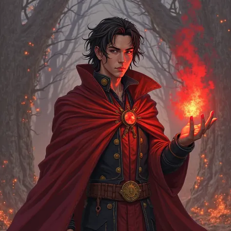  a person holding a red fireball in their hand, a character portrait by Yang J, Artstation, fantasy art, caleb from critical role, as a dnd character, young shadow mage male, l critical role, mage, picture of a male cleric, dnd character, kaladin stormbles...