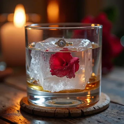  Visual Elements ：
Main picture ：only one rose petal ice cube in a whiskey glass
requiring：Highly transparent rose ice cubes，has a diamond ring inside
Background：About Romance，Couple，Proposal