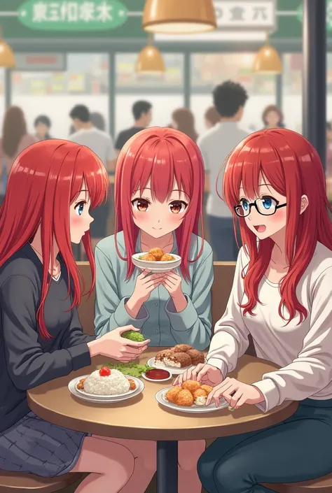 Three girls are sitting in a food court, they eat onigiri, one red-haired,  The second redhead , third redhead with glasses