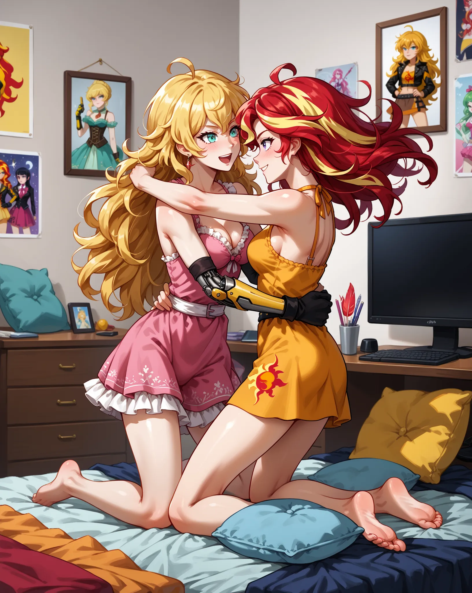 Masterpiece, best quality, 2girls, couple, (Sunset Shimmer\taller, two-tone hair, long red hair with yellow stripes, teal eyes, (human arms:1.22)), (Yang Xiao Long\shorter, messy blonde hair, long blonde hair, purple eyes, prosthetic arm), 2 women wearing ...