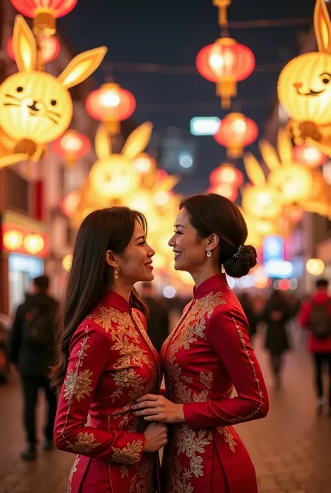 **Prompt:**  
"Two women in their 40s celebrating Chinese New Year at night with a strong Rabbit zodiac theme. They are facing the camera with joyful expressions, dressed in elegant red Chinese New Year attire adorned with gold embroidery. The background i...