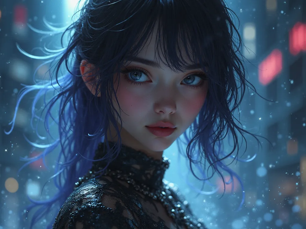 Create a beautiful woman, sensual and sexy with the following description :  🔵✨
The undisputed number 1 for most of the fanbase. Despite being a doll, her charism + fanbase, that mysterious vibe and soft voice make the crowd denigrate the Cosmic Waifu.
Wai...