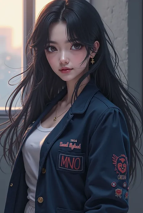 Ai matured anime woman, long black ash hair, wearing a Navy blue jacket with a printed name of Nami, and a logo of MNO with owl on it.