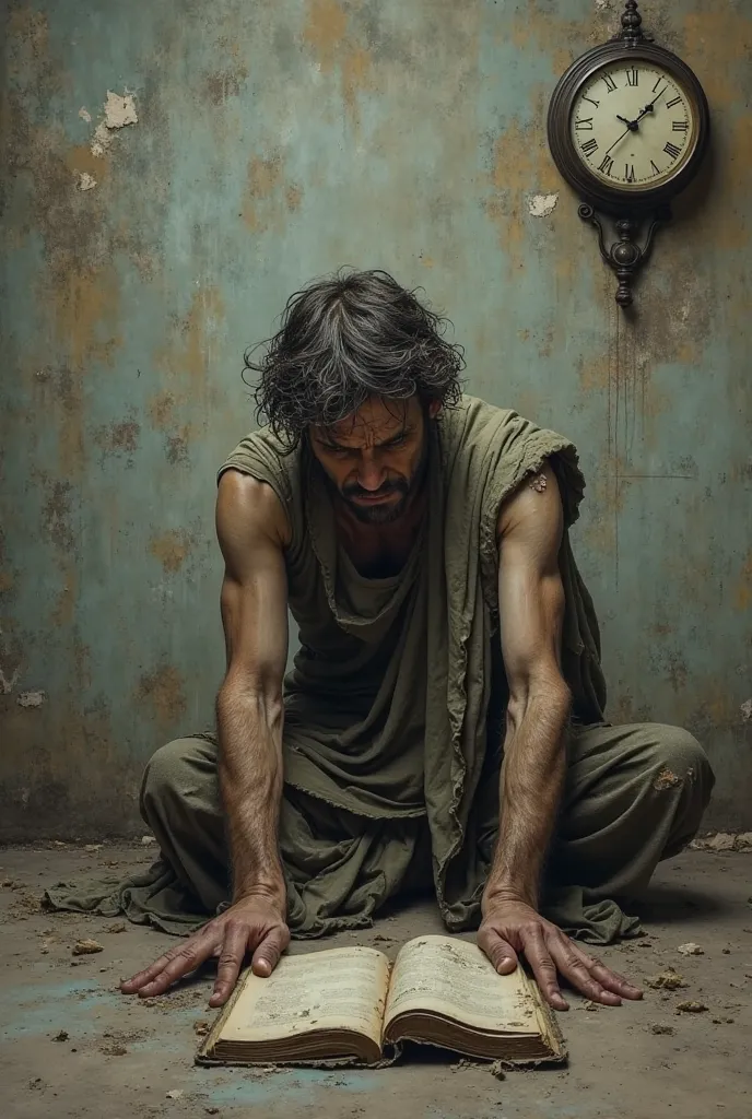 a sad man in worn clothes skinny with poor hygiene sitting on the floor with his back leaning against a wall deteriorated by time with an open diary in front of him and a wall clock next to him 