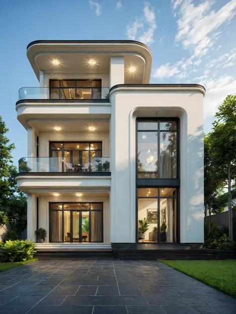 exterior of indochine villa, streetcapes, clear sky, few cloud, interior warm lighting, morning sunlight,minimalist landscaping, featuring lush greenery, black walls, and natural materials. The villa is set under a blue sky with scattered clouds, casting...