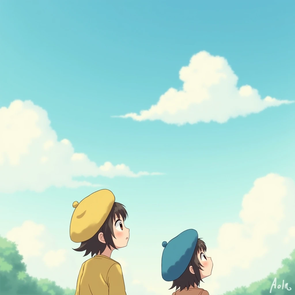 Me and my sister are watching the clouds in the sky。I have short brown hair、I'm wearing a yellow beret。My older sister is wearing a blue beret。The clouds in the sky resemble the shape of a baby。