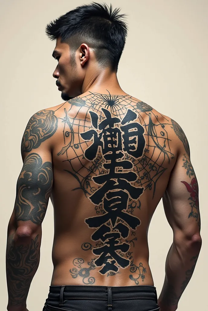 Tatto in the back bone Japan letters  haru asahi and in the top with symbol of spider 