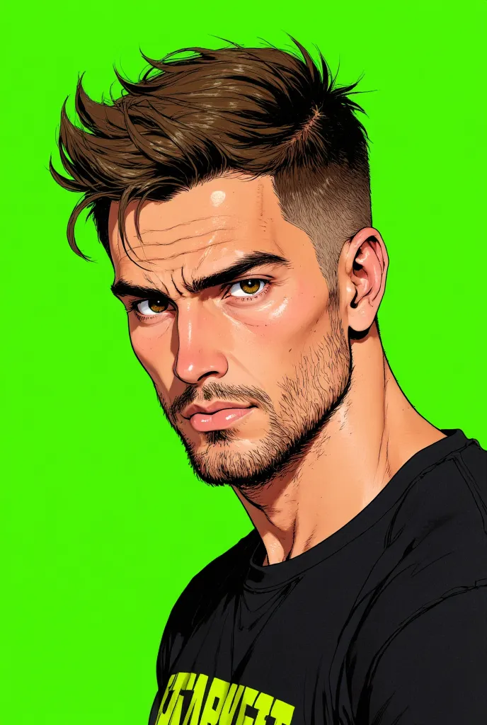 create a realistic style drawing of a young man with a short beard and very short military style hair combed to the side, thin face, soft jaw curve, thin chin and slightly large nose, wearing a black t-shirt with yellow neon details. He has neutral, expres...