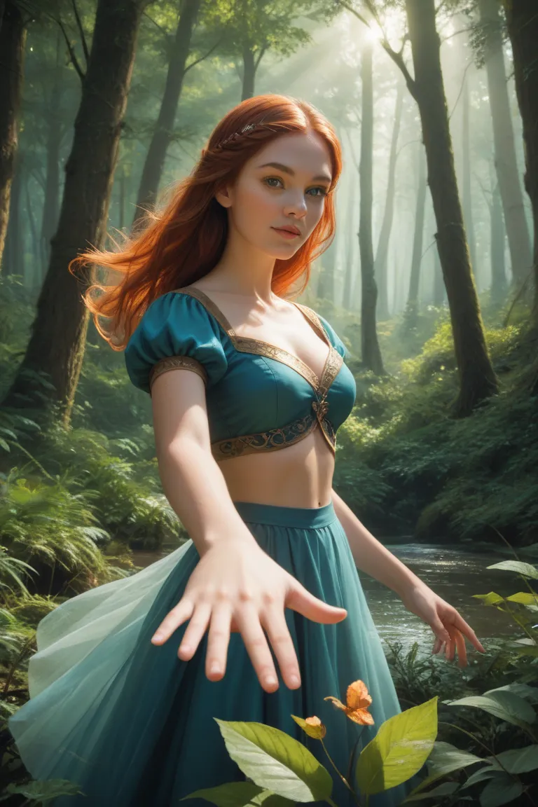 A forest sorceress wearing a cropped blouse and emanating magic from her hands, With animals around