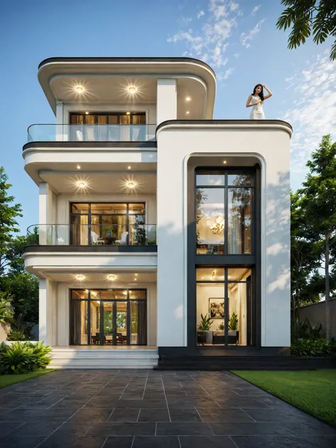 exterior of indochine villa, streetcapes, clear sky, few cloud, interior warm lighting, morning sunlight,minimalist landscaping, featuring lush greenery, black walls, and natural materials. The villa is set under a blue sky with scattered clouds, casting...