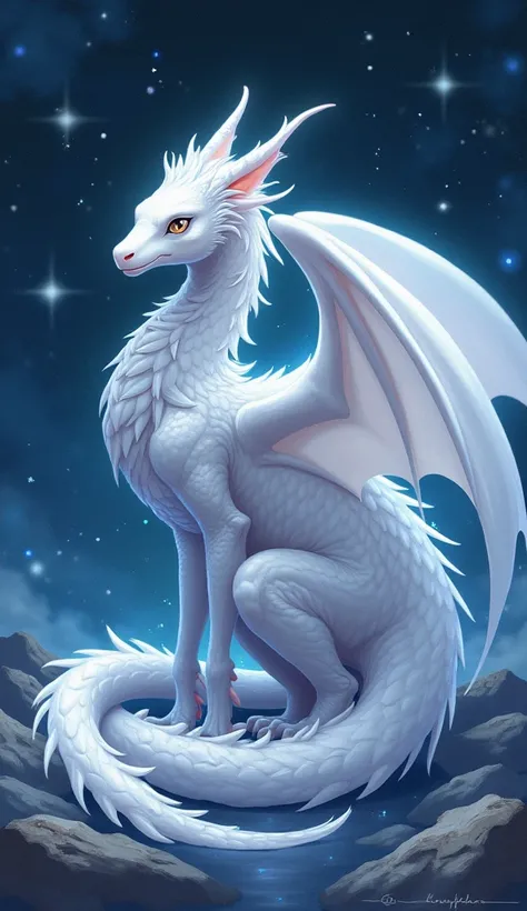 anime style. Anthropomorphic snow-white winged dragon, slim build, and beautiful granty-looking appearance.  starry sky background. 