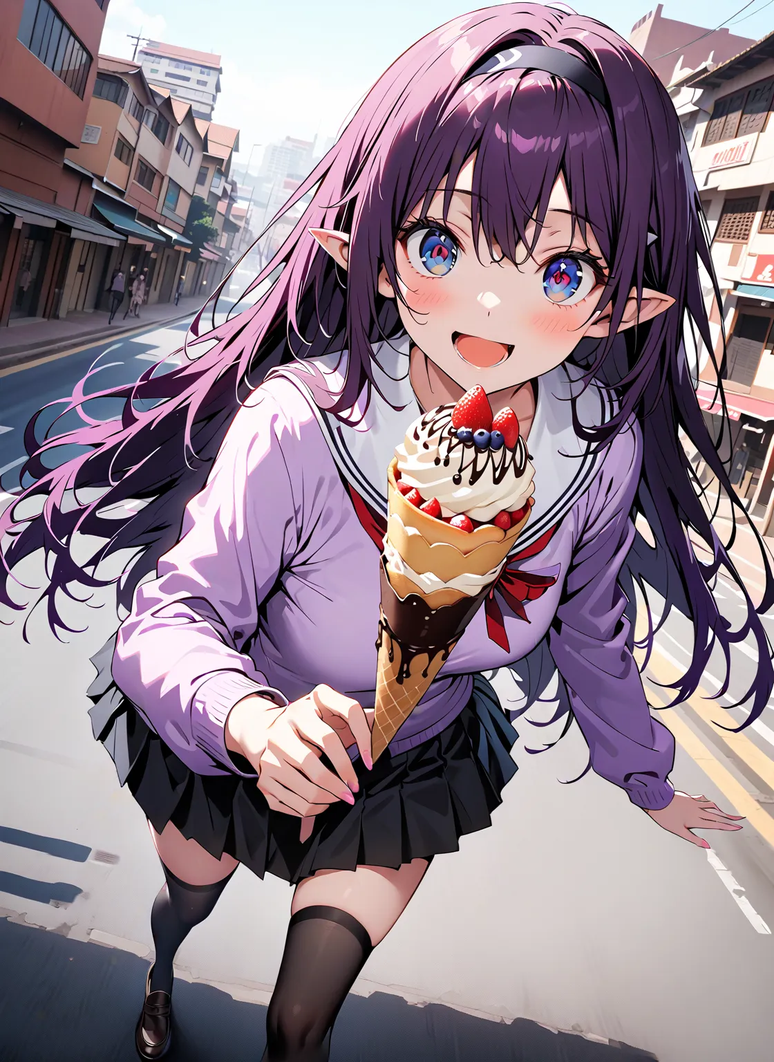  yuukiKonno, Konno Yuuki, hair band, long hair,  pointy ears , purple hair, red eyes,smile,blush,opens her mouth,
white sailor suit ,purple cardigan,Black mini pleated skirt ,black thigh high socks, loafers,Walking,I'm holding a chocolate crepe with one ha...