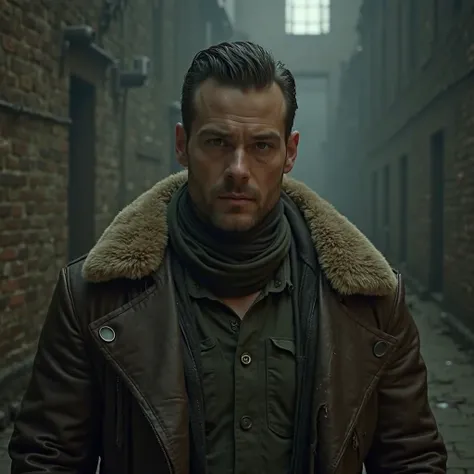 Handsome male , slicked back undercut hairstyle , ex special forces, look similar Armie Hammer, wearing brown fur collar leather jacket green tactical shirt, tactical scarf
 , ruined castle inspired from resident evil 4 in atmosphere of silent hill backgro...