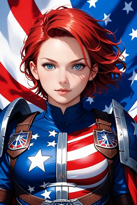 Feminized Captain America、anime style、Short Red Hair、Starshield、Heroic Background、soft focus、 detailed clothing