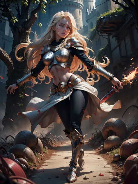 Highly detailed, High Quality, Full Length Portrait, Masterpiece, nice hands, perfect hands, 1girl, full body, lux1, lux_(league_of_legends), ultra very long blonde fringe bangs hair, armor, breastplate, black headband, bodysuit, light smile, white gloves,...