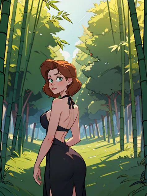 Annie Hughes stands amidst a tranquil bamboo forest, her back facing the viewer as she turns her head slightly to meet their gaze. She wears a delicate, backless halter top in cream white, tied at the neck, accentuating the graceful lines of her back and t...