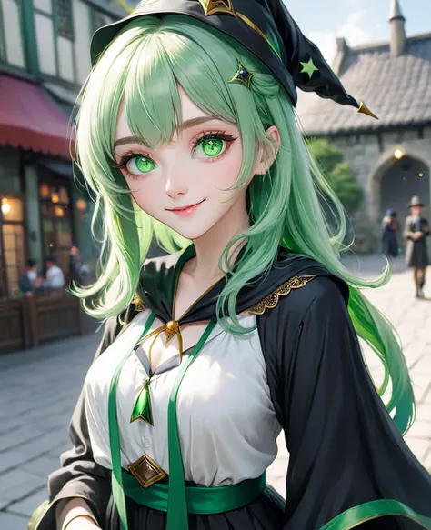 high quality　Ultra High Definition　Learn more 　More details　1 girl　Pale green hair　semi-long　 bangs　green eyes　is smiling　wizard　wizardの衣装