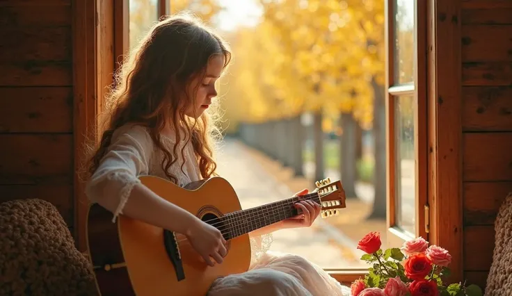 A beautiful young girl with long, wavy brown hair sits near an open window, playing an acoustic guitar. She wears a soft, flowing white dress with lace details, exuding a peaceful and romantic aura. Warm yellow sunlight streams through the window, illumina...