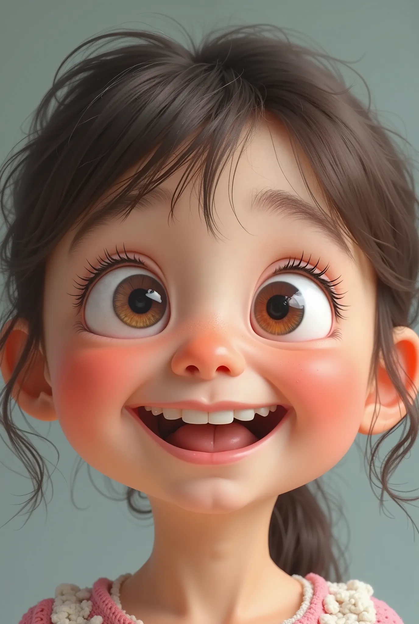 Realistic picture of "Goofy, wide-eyed girl with plump cheeks"