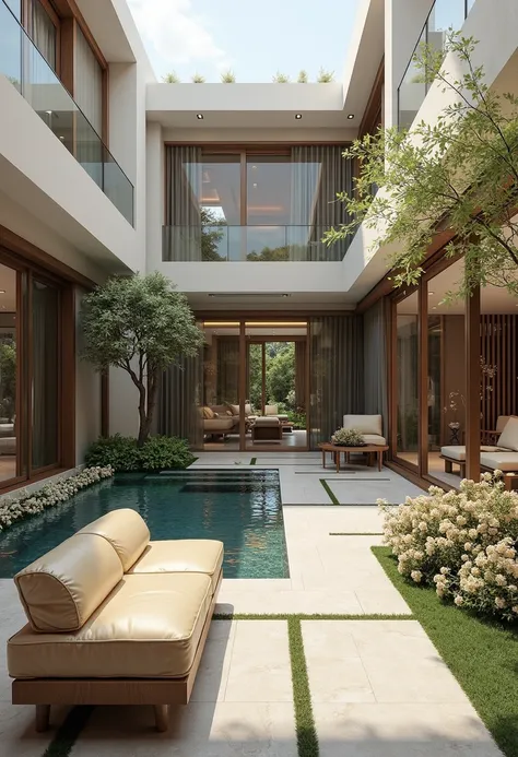 Architectural professional 3D rendering of the courtyard design of a very expensive villa in a very modern and very minimal and very luxurious style and a space that is four steps away from the courtyard level and in this space there is a very modern water...