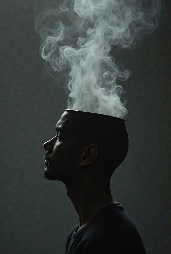 *"An open human head from the top, viewed from the side, as if it’s a shadow or silhouette. Smoke is rising freely from the open head, creating an abstract, surreal image. The smoke symbolizes creativity or thought, against a dark or neutral background. Th...