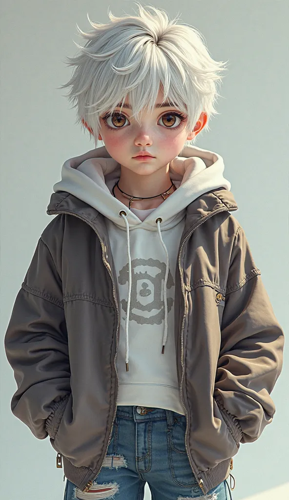 boy with white dyed hair and brown eyes, and dressed in 2 e-boy clothes 