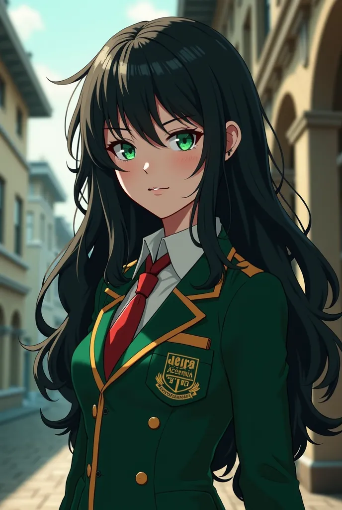 17 old girl, green eyes, long wavy black hair, Uniform of the UA by "my hero academy" white skin 