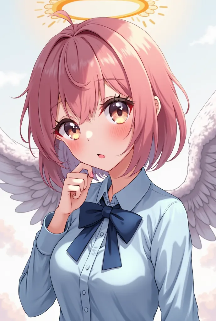 anime girl with angel wings and a bow tie and a blue shirt, anime moe artstyle, loli, clean detailed anime style, anime style character, kawaii realistic portrait, sayori, in an anime style, anime styled, anime stylized, anime visual of a cute girl, cute a...