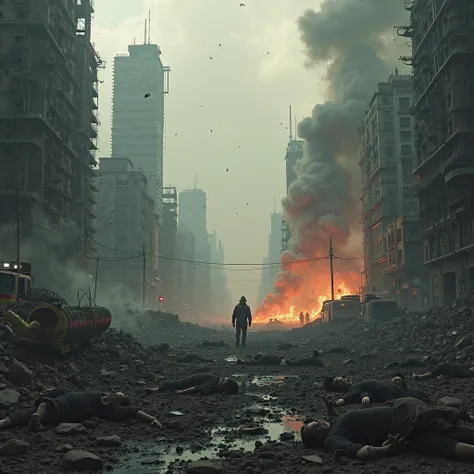 Can you make an image of a burning city with a lot of dead people and destruction