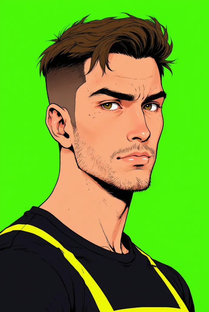 create a cartoon-style drawing of a young man with a short beard and very short military-style hair combed to the side, a thin face, a soft jaw curve, a thin chin and a slightly large nose, wearing a black t-shirt with yellow neon details. He has neutral, ...