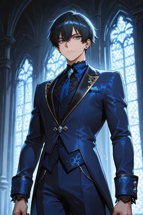 Anime boy with black hair and blue eyes wearing a blue gothic suit