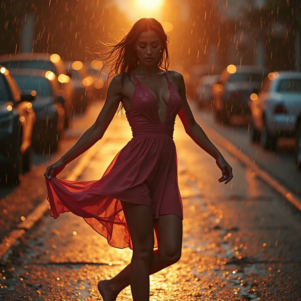 A hyper-realistic, cinematic depiction of 'It’s You' by Simply Red. A stunning young Caucasian woman dances sensually in the soft glow of golden sunset rain, her soaked dress clinging gracefully as she moves with deep emotion. Her eyes shimmer with longing...