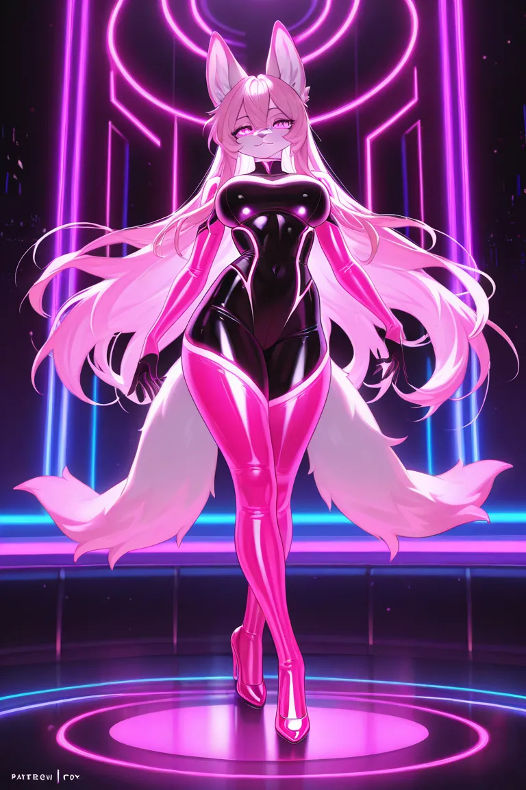 Anthro fox women, solo anthro, close up should height shot, neon, beautiful, neon background, ethereal, master piece, best quality, high resolution, ultra hd, neon anthro, sexy, hot and sexy, beautiful, breast, dynamic pose, neon clothes, full body covered...