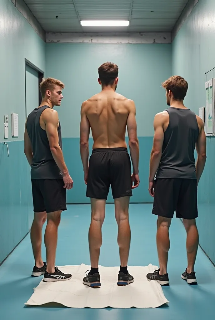 A la salle de sport, trois jeunes sportifs italiens en sueur, en ASICS sales, debout sur une serviette de toilette jetée par terre devant eux. Les pieds sur la serviette chiffonnée. Les mains dans les poches.