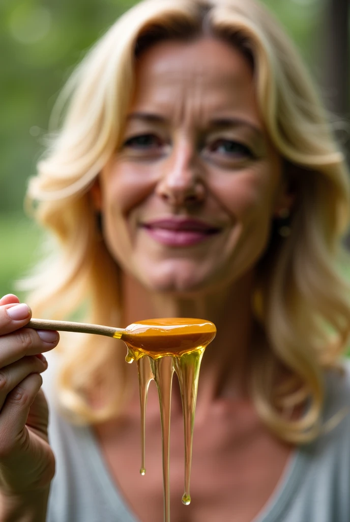 Create an adult blonde holding a spoon of honey 