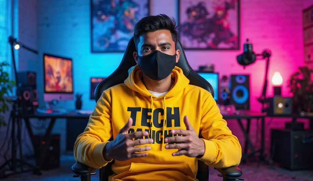 An Indian man sitting confidently on a modern gaming chair in his youtube studio.He is wearing a bright yellow hoodie with TECH PANCHU boldly printed on it .His face is clearly visible and expensive despite wearing a sleek black COVID-19 mask .The man is g...