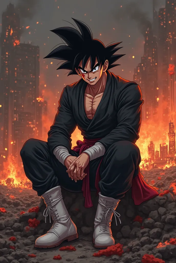 A destroyed city flames and fire and black sky a ager who measures 1.You are sitting in the happy landscape looking cold and smiling cruel and sadistic version dragon ball black hair and black eyes Goku black with stained blood and a cold look and a cruel ...