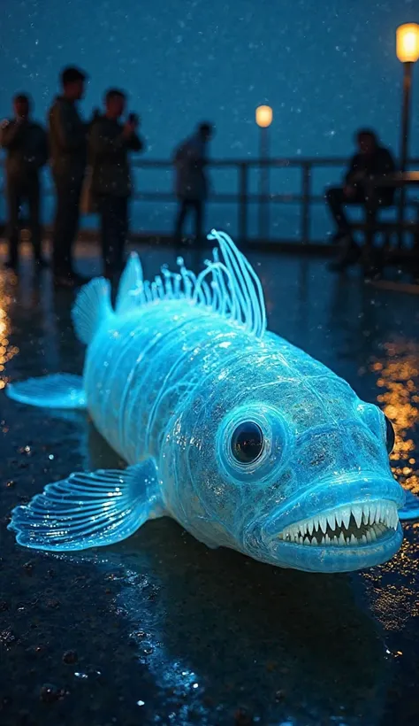 "A never-before-seen deep-sea fish lying on the wet deck of a ship, its translucent, jelly-like body shimmering under the ship's floodlights. The fish has no visible eyes, only glowing blue veins running through its body, making it look like an alien creat...