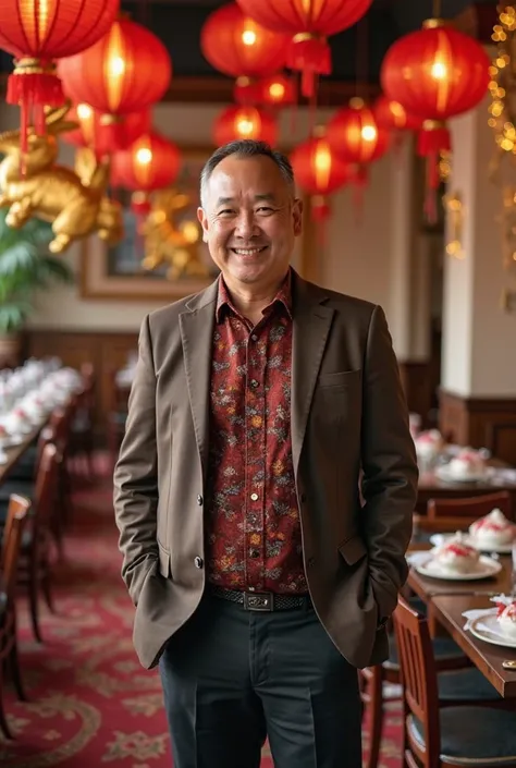 "A man in his 40s stands inside a restaurant decorated for the Chinese New Year with a rabbit zodiac theme. He wears semi-formal attire with touches of red and gold, symbolizing good fortune. In the background, red lanterns hang from the ceiling, golden ra...