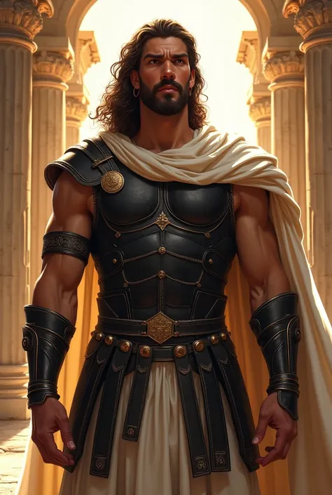 human character with long curly brown hair with mustache and brown goatee, brown eyes, silver hoop earring, wearing black Greek armor with a large shiny white Greek robe in a Greek temple environment 2D full body image