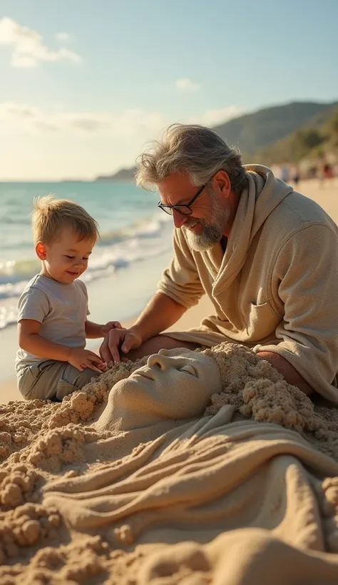 A boy plus his father built a sand sculpture in Jesus Christ's beach