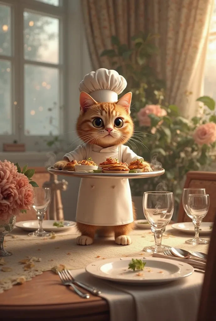 Make a cat serving lunch on the dinner table 