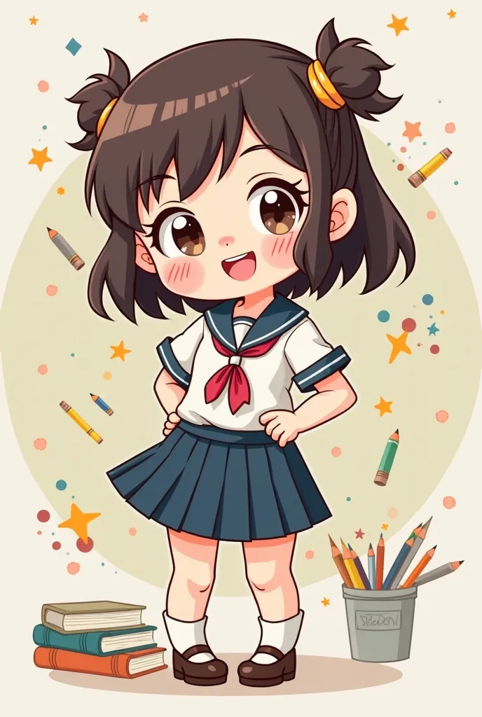 a happy neat student cartoon chibi girl 

