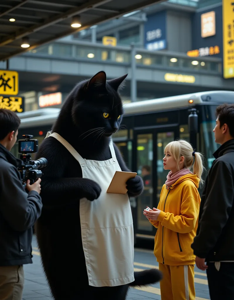 score_9,score_8_up,score_7_up,score_6_up,score_5_up,score_4_up,source_real photo,Ultra-realistic,Photorealistic,Ultra-realistic,Photorealistic,Dramatic scene, Global illumination, A huge black cat and a girl about are standing side by side at a bus termina...