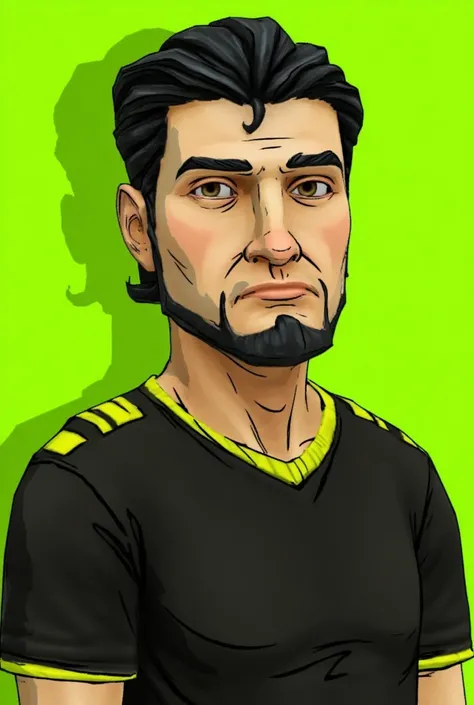 create a cartoon-style drawing of a young man with a short beard and very short military-style hair combed to the side, a thin face, a soft jaw curve, a thin chin and a slightly large nose, wearing a black t-shirt with yellow neon details. He has neutral, ...