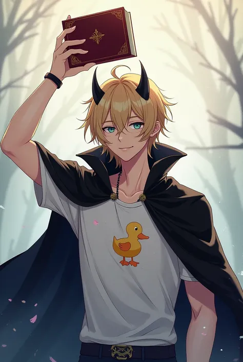 blond male anime style character with 2 horns on his head,a book over the head, glassless lenses,duckling t-shirt,black pants,black cape and green shoes