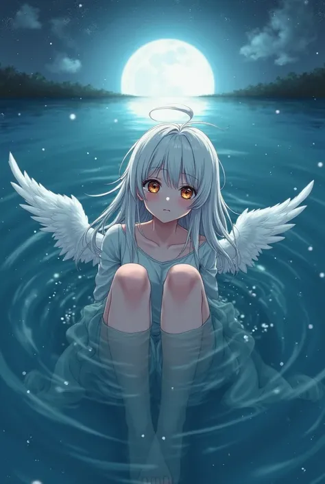 Half-angel girl with albino hair, long white eyelashes and honey-brown eyes. The girl's legs are half submerged in a lake under the moonlight and tears are streaming down her cheeks. An anime-style perspective from above.